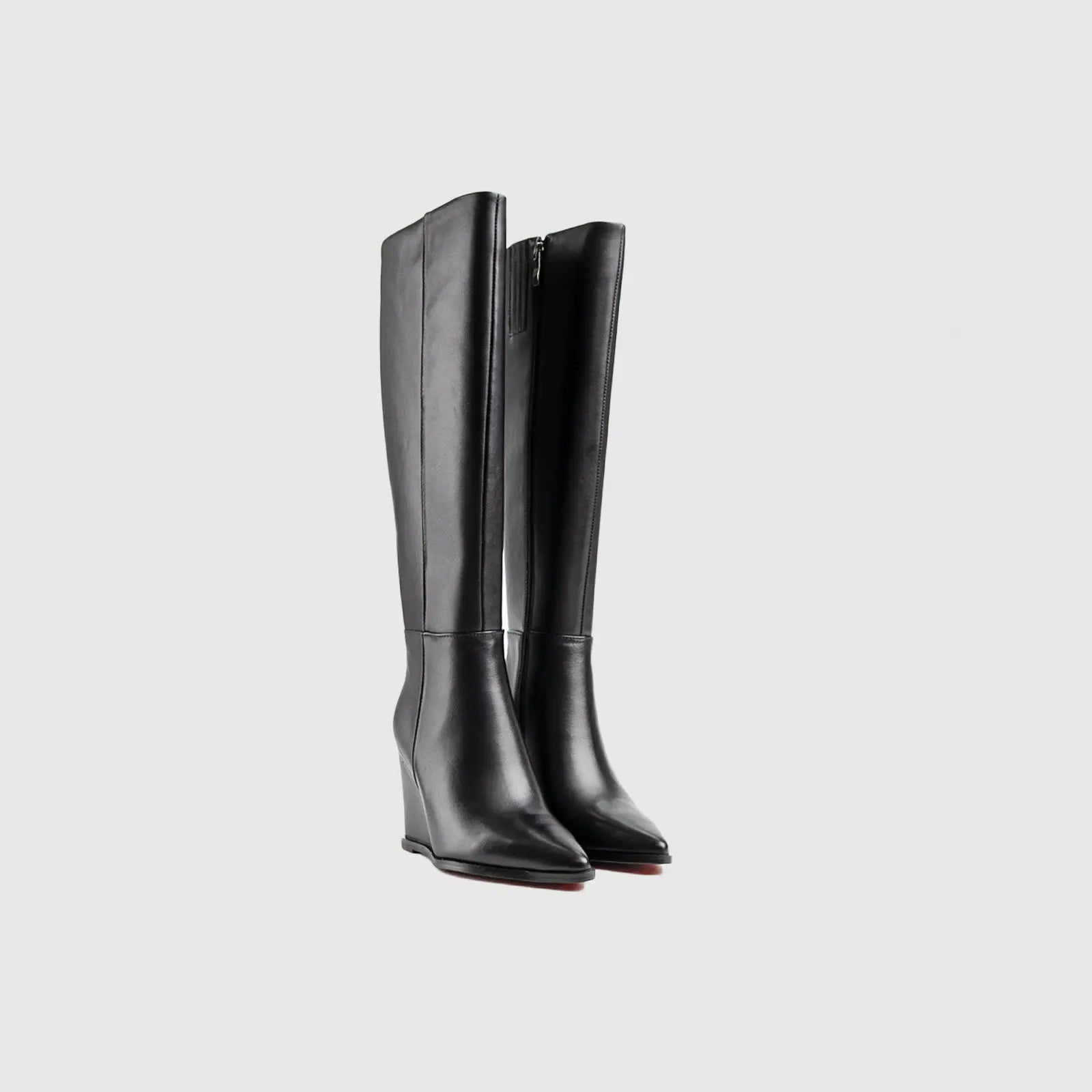 Leather Long Wedge Boots Black Lar005