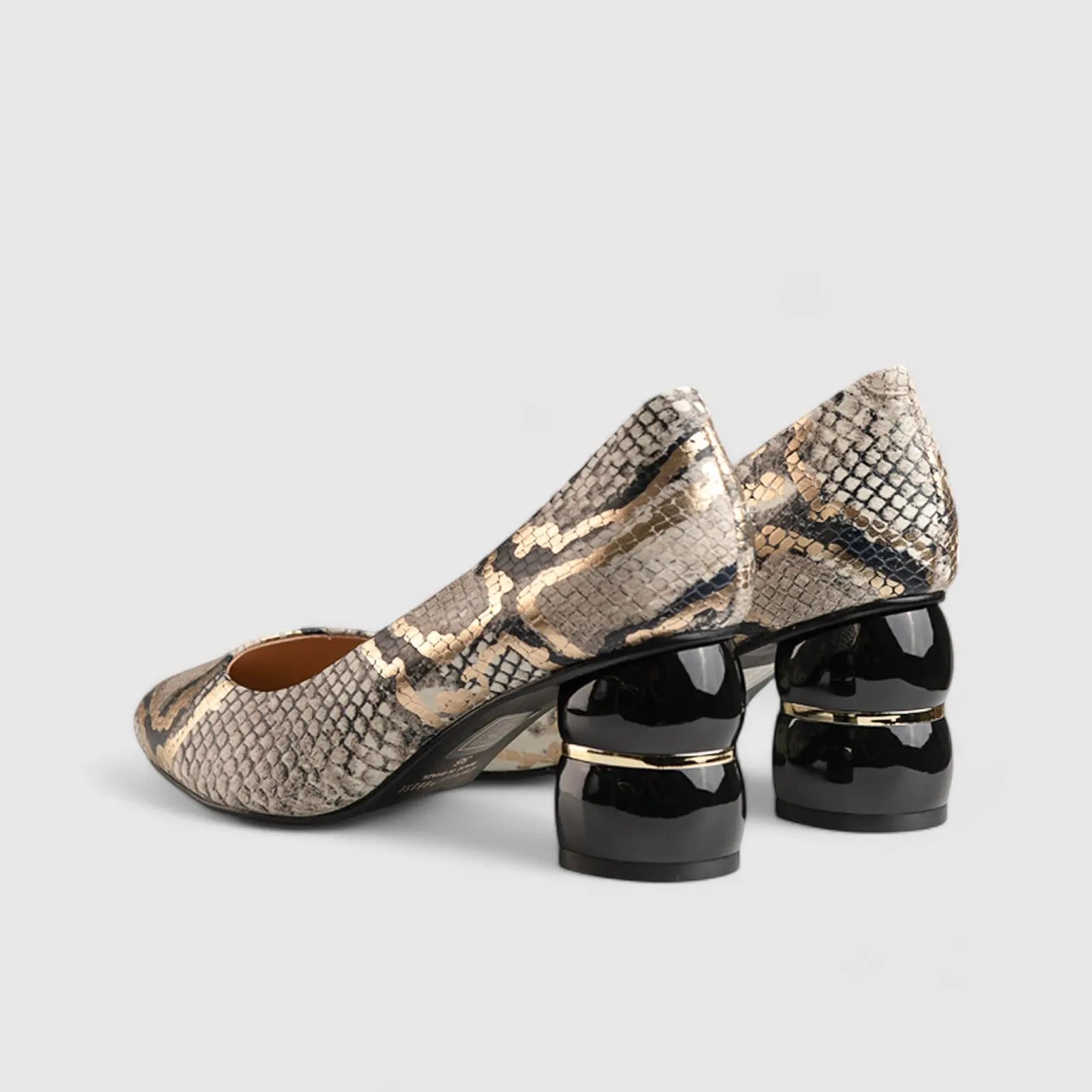Statement Block Heel Court Black/Gold Snake 9912