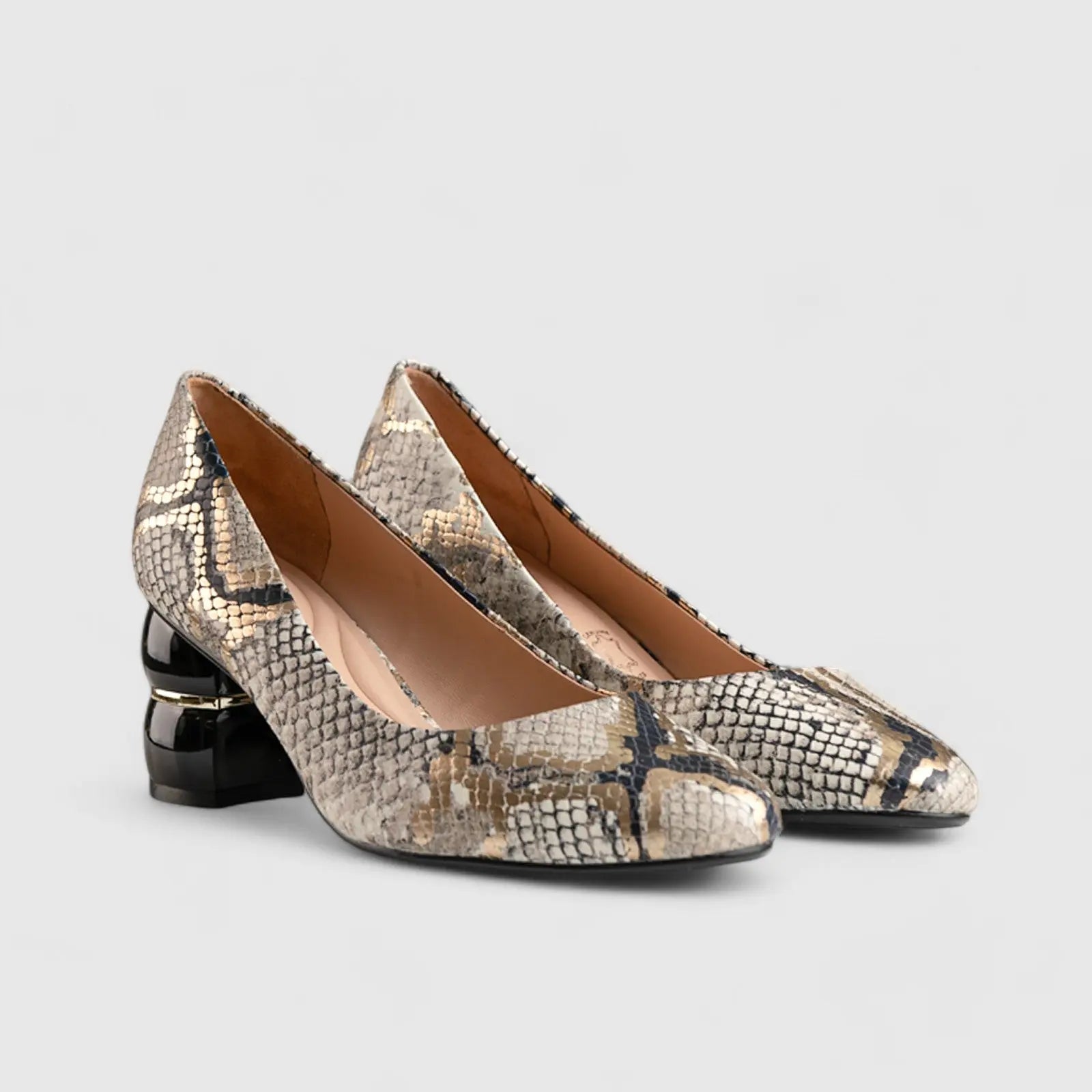 Statement Block Heel Court Black/Gold Snake 9912