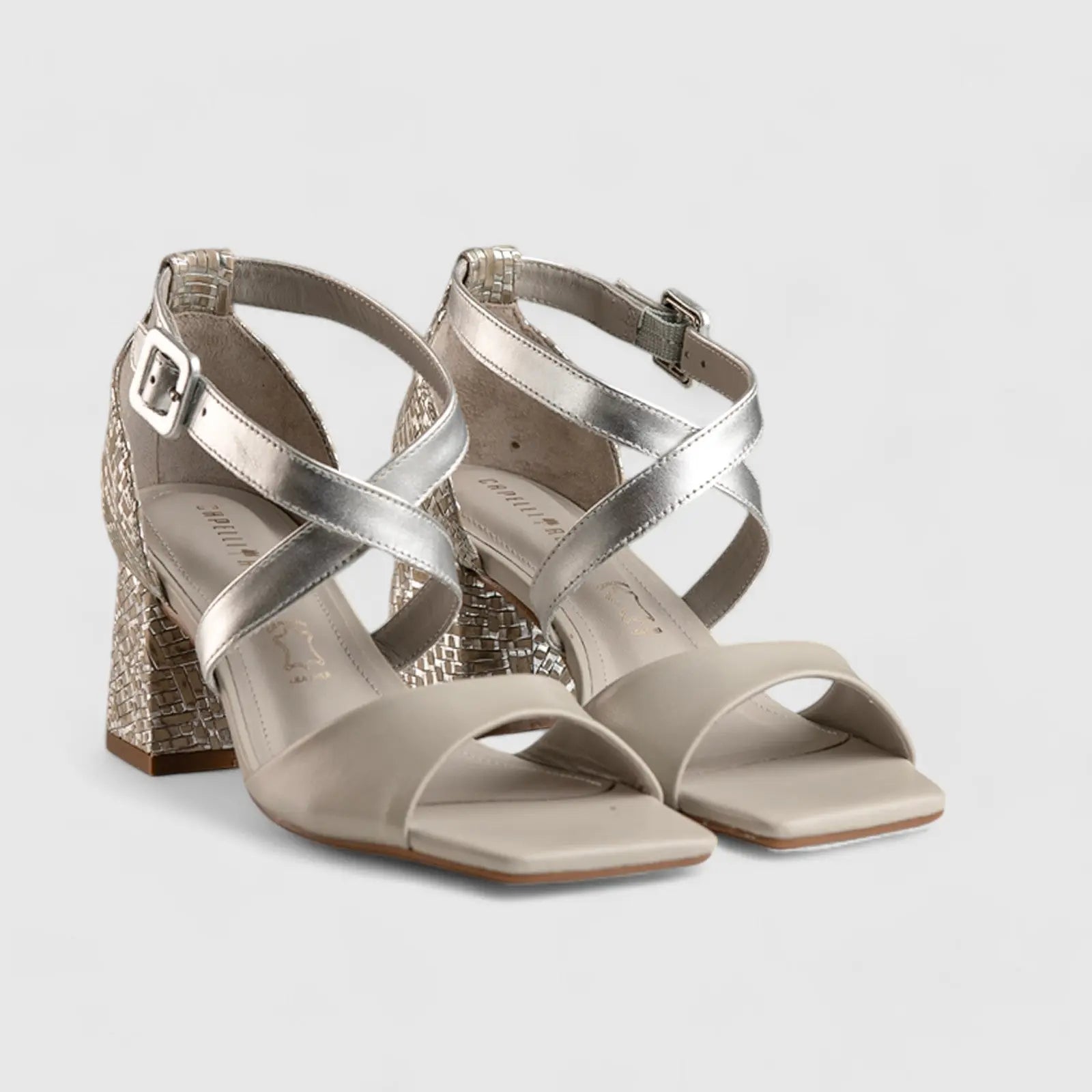 Block Heel Leather Sandal Grey Multi 11230