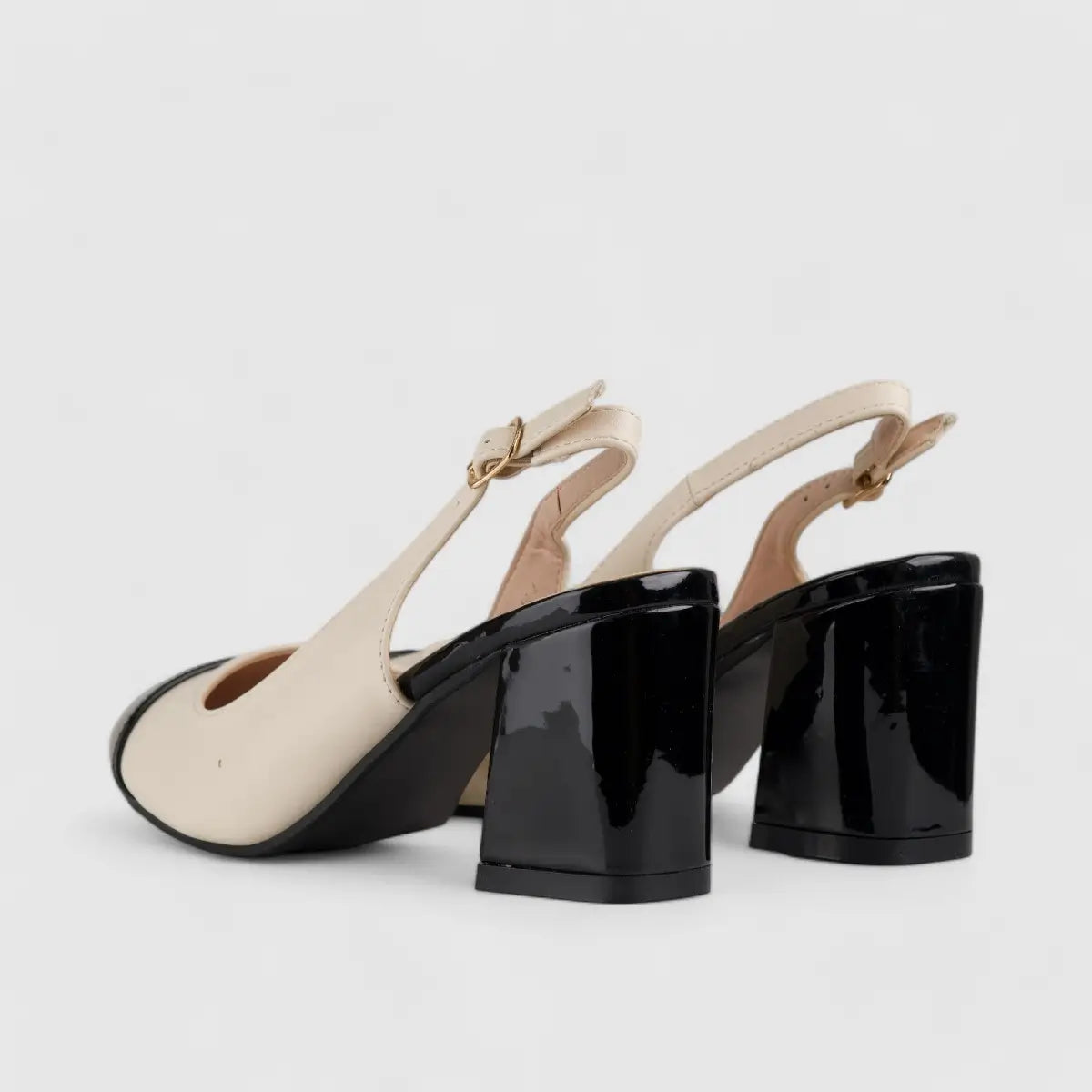 PC Slingback Block Heel Court Shoe Black/Beige10588